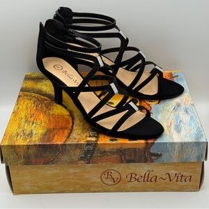 Bella Vita Karlette Black Strappy Rhinestone Heels • Size 8M • New in Box